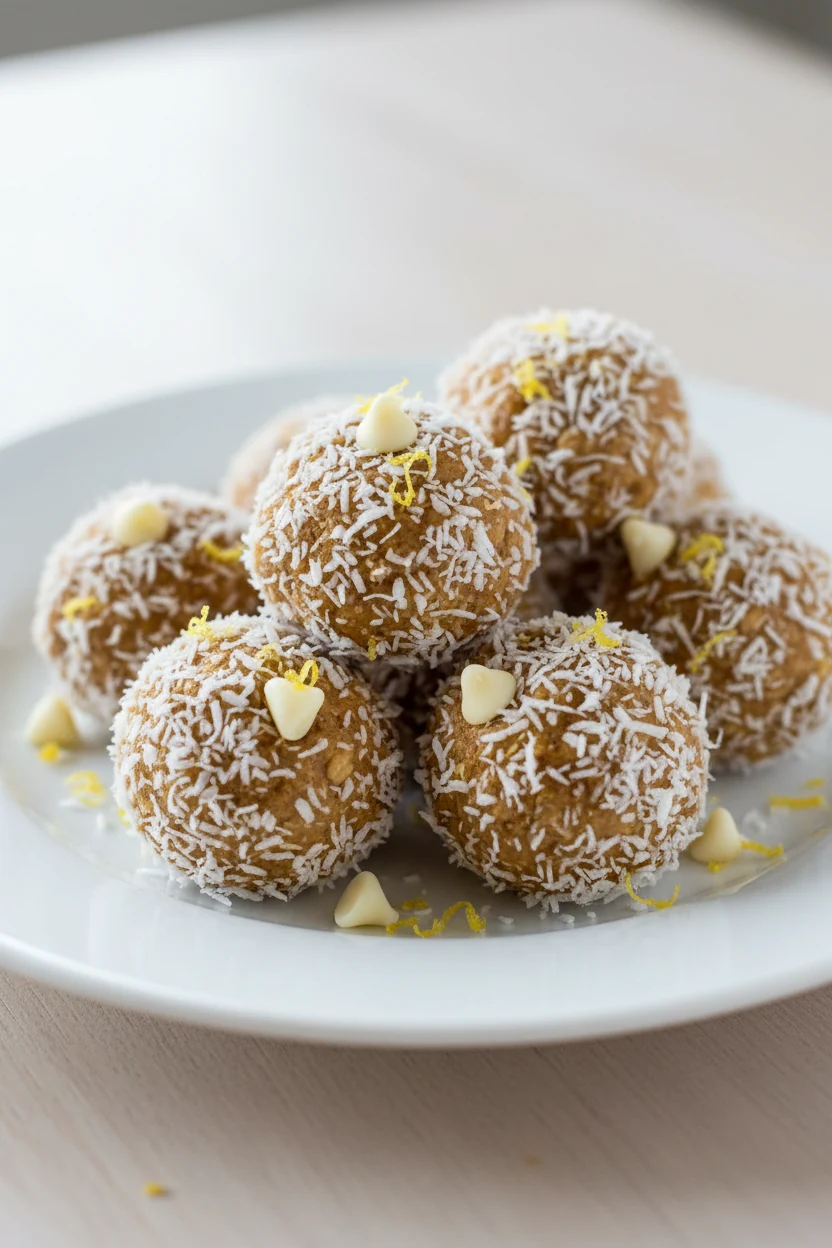 Lemon Coconut Bliss bites: small plate of cashew-butter oat bites rolled in unsweetened shredded coconut, speckled with 