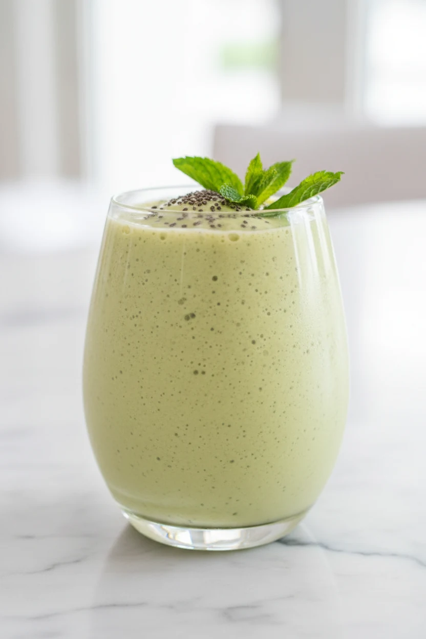 Close-up side angle of Avocado Glow smoothie in a clear stemless glass, pale green ultra-creamy texture with tiny air bu