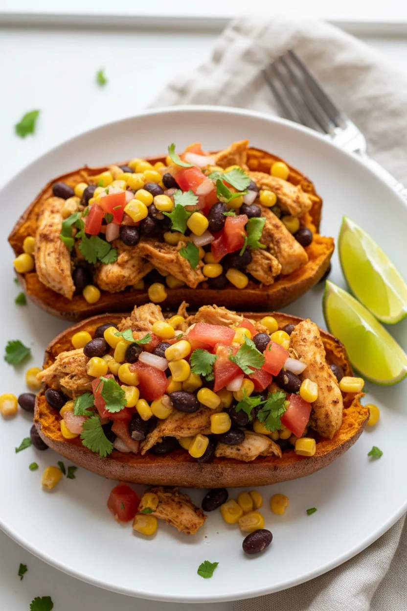 Tasty top view of Southwest stuffed sweet potatoes: roasted halves piled with revived chicken, corn, black beans, and sa