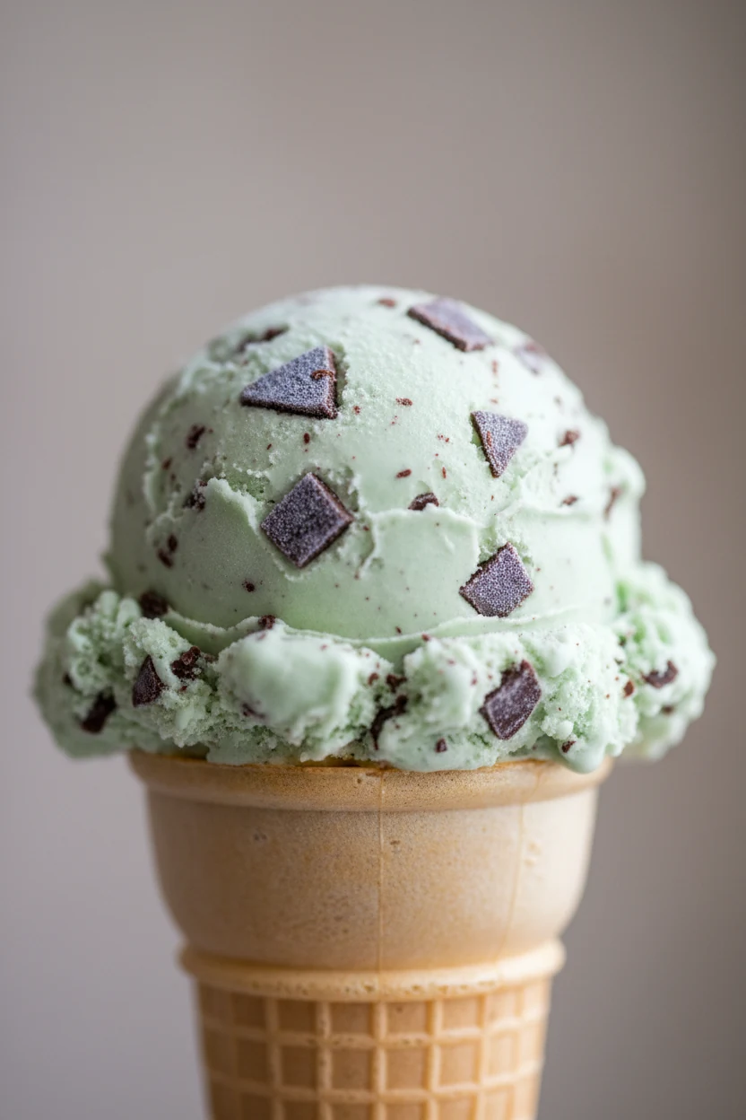 Close-up of classic Mint Chip ice cream in a waffle cone—pale natural green with chopped dark chocolate shards throughou