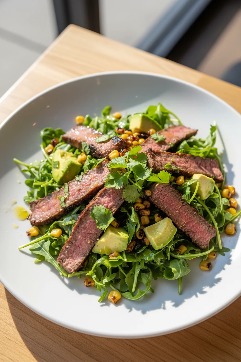 Final plate salad: arugula topped with thin flank steak slices, avocado, roasted corn, lime vinaigrette sheen, cilantro 