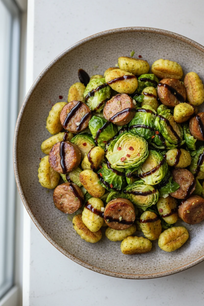 Final presentation — Smoky Sausage and Sprouts: overhead plate of crispy gnocchi with seared chicken sausage coins and s