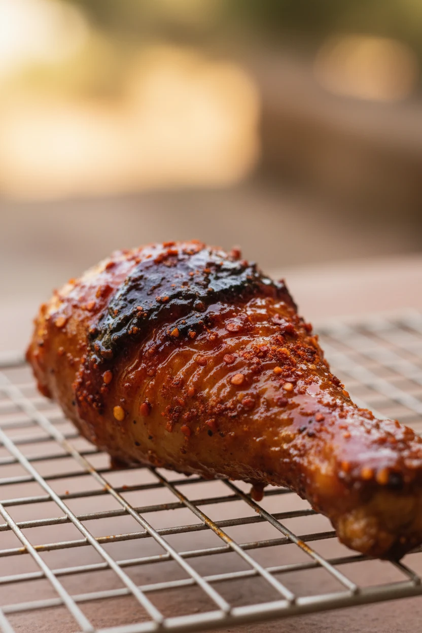 BBQ classic variation: close-up of a drumstick lacquered with BBQ sauce added in the final minutes, sticky sheen with ch