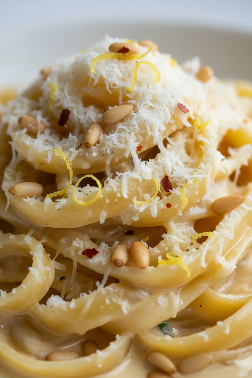 Close-up detail of the finish: silky pasta crowned with extra parmesan and toasted pine nuts for crunch, tiny red pepper