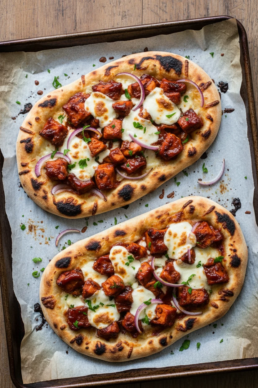 Overhead BBQ chicken flatbreads: lacquered BBQ chicken, melted mozzarella with browned spots, charred naan edges, red on