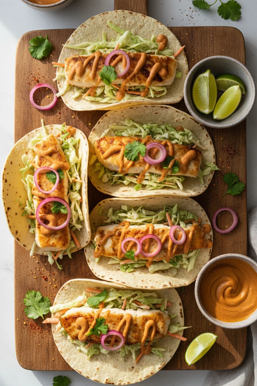 6. Taco night final presentation: warm tortillas filled with flaked seared mahi mahi, lime slaw, chipotle crema and pick