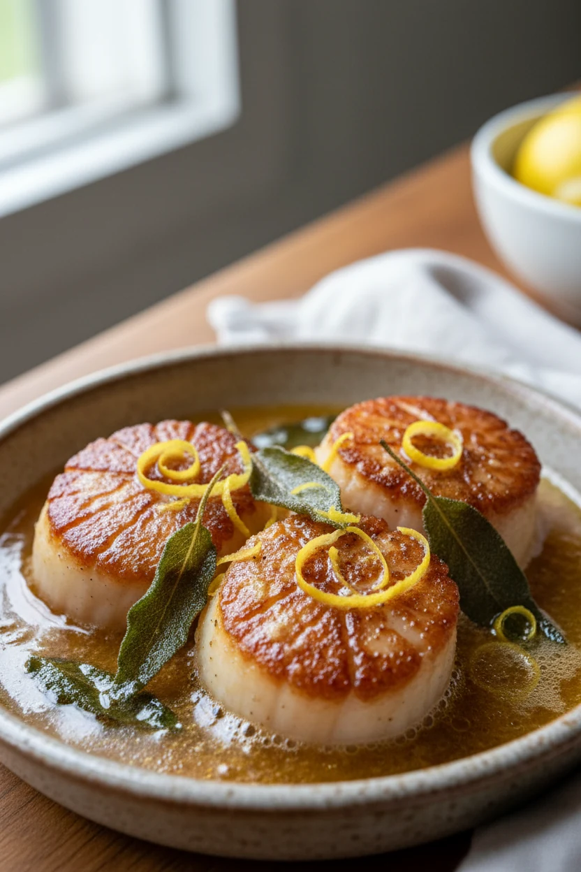 Brown Butter & Sage variation: close-up of seared scallops bathed in nutty brown butter with crisp sage leaves and lemon
