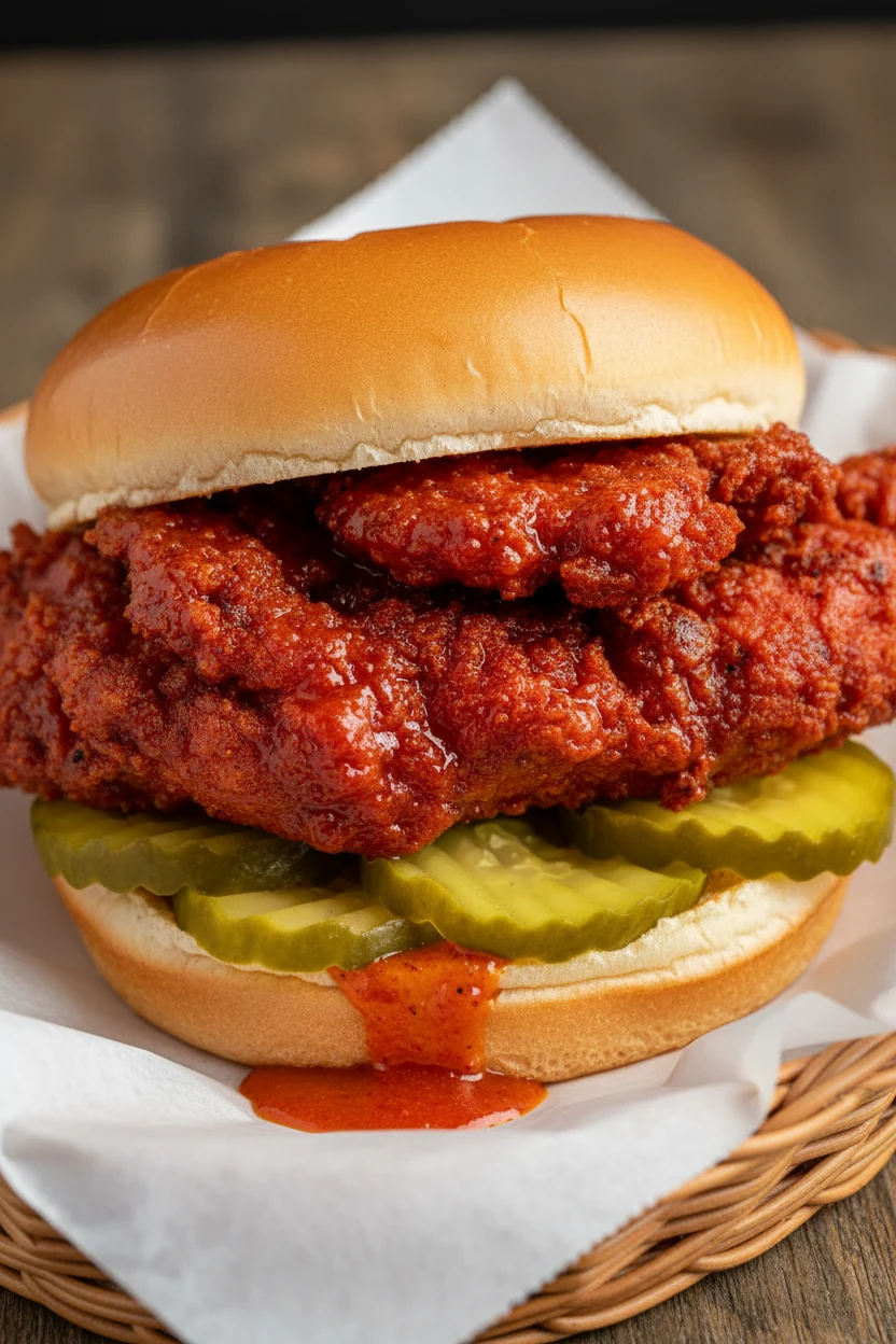 Nashville-ish hot chicken sandwich brushed with spicy cayenne oil for a glossy red sheen, layered with pickles on a soft