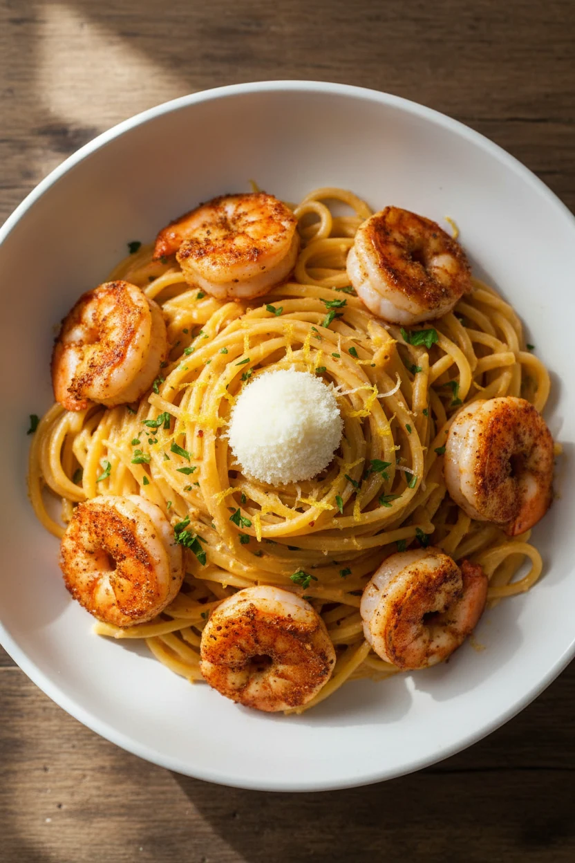 6. Tasty top view of Cajun Shrimp Cream pasta—seared shrimp with paprika edges tucked into creamy noodles, reddish dropl