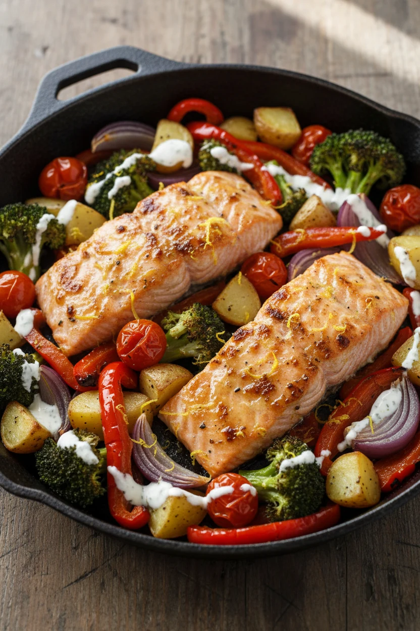 Variation – salmon swap: overhead of marinated salmon fillets opaque with citrus gloss and lightly charred edges, nestle