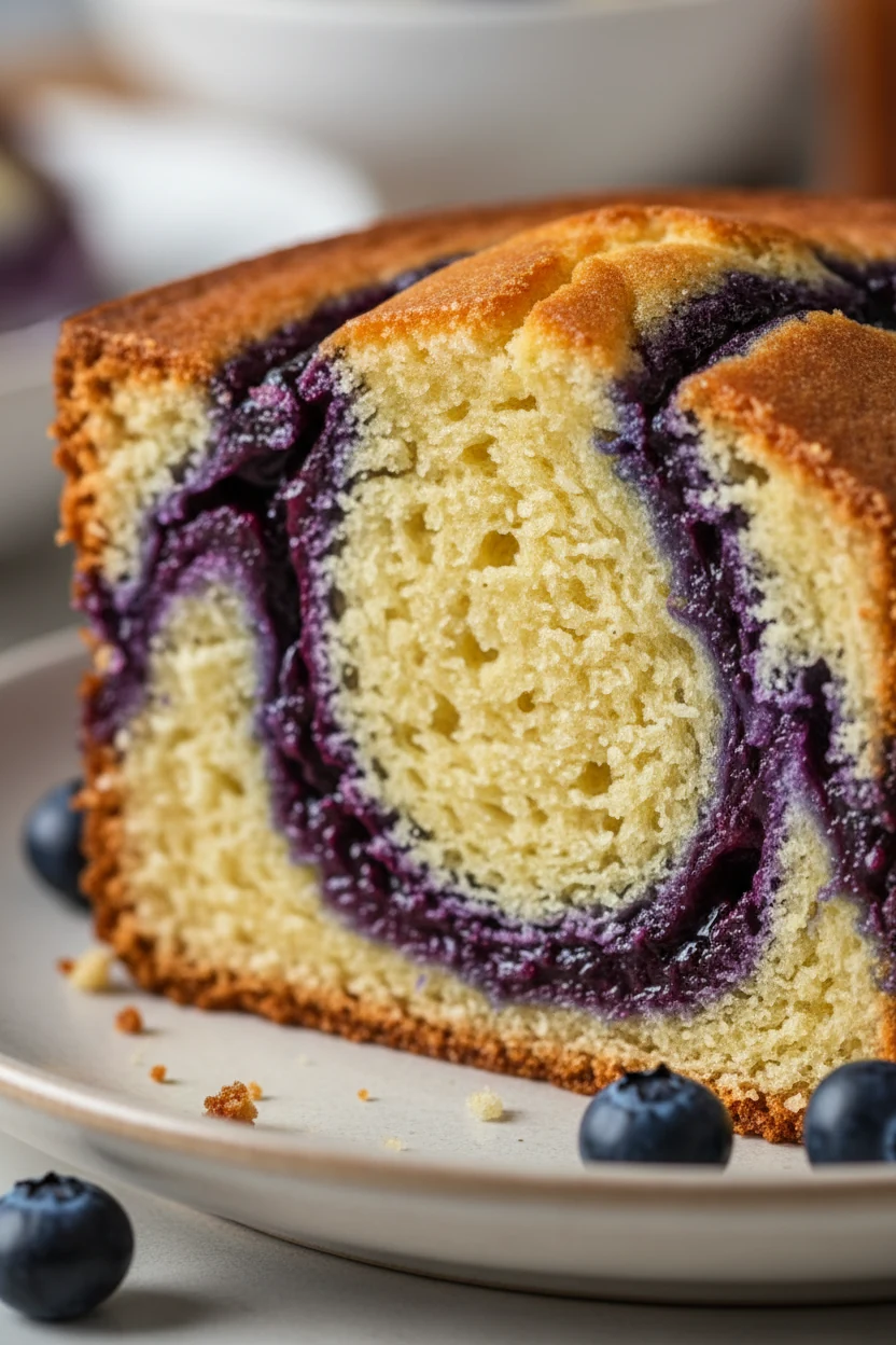 Macro close-up of Berry Ripple pound cake slice, blueberry jam ribbons marbled through a plush, moist crumb; golden crus