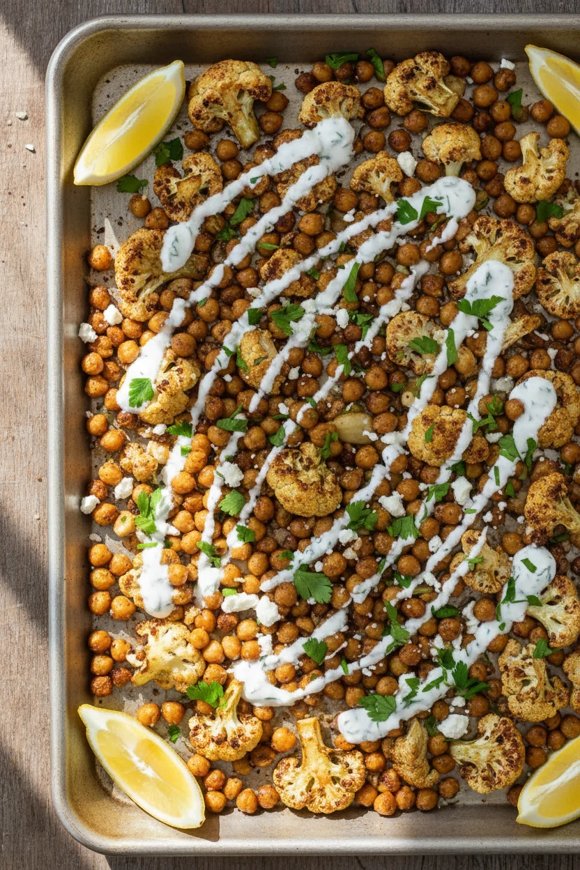 6. Vegetarian variation top view: roasted cauliflower and chickpeas finished with lemon-herb Greek yogurt sauce, parsley
