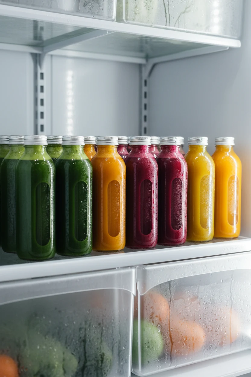 Process and storage scene: airtight opaque bottles filled to the brim with assorted juices (green, orange, magenta, gold