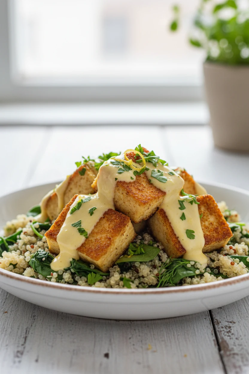 Plant-based swap close-up: crisp seared tofu cubes coated in the coconut lemon sauce with wilted spinach, parsley garnis