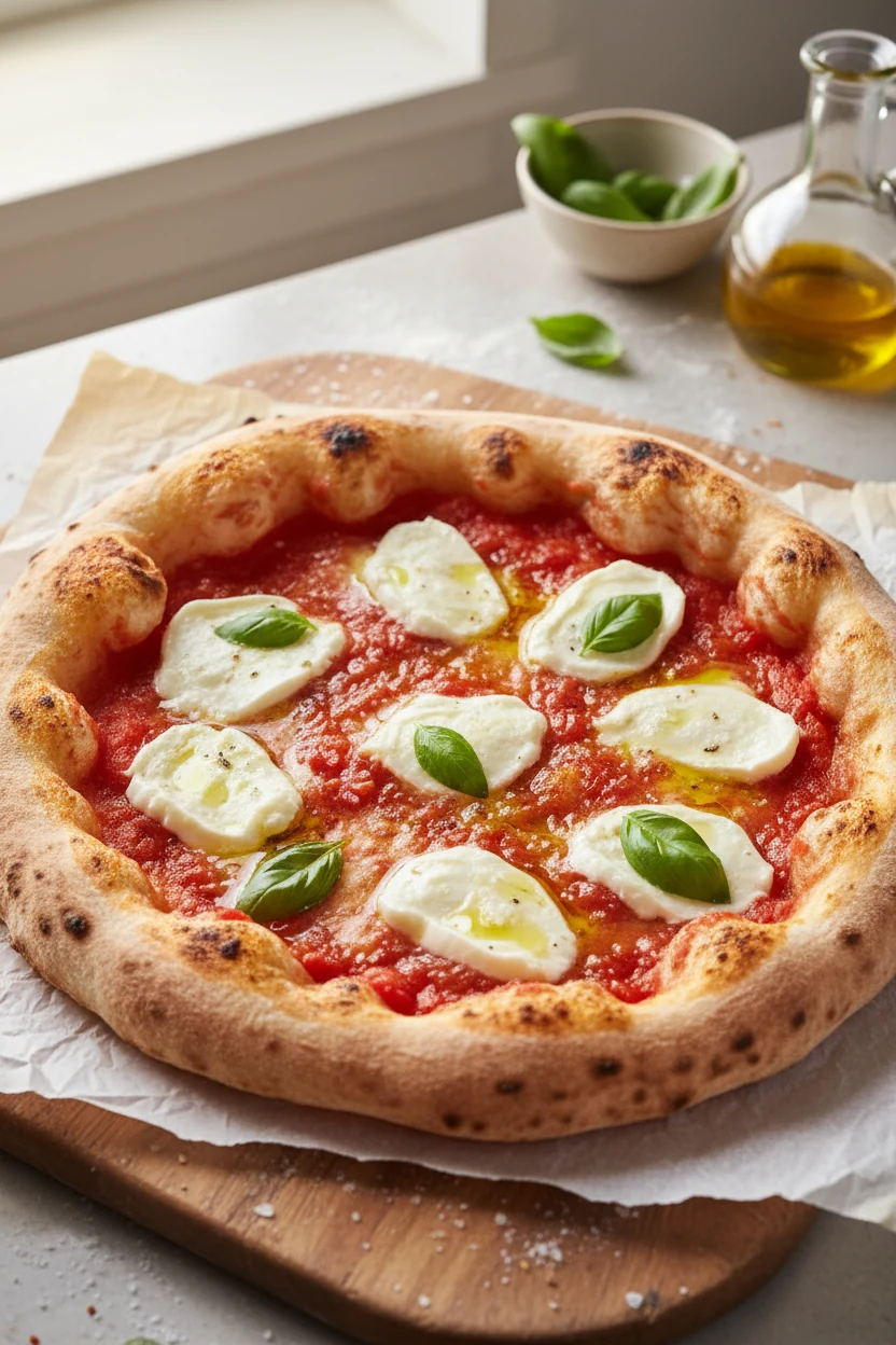 Overhead shot of margherita pizza made from the bread-machine dough, blistered airy crust with leopard spots, simple top