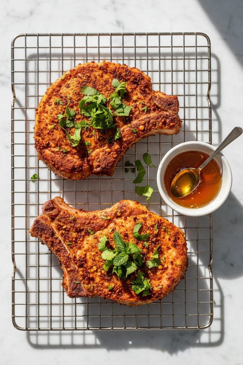 Top-down view of chili-lime pork chops fresh from the air fryer, crisp chili crust with lime zest flecks, resting on a r