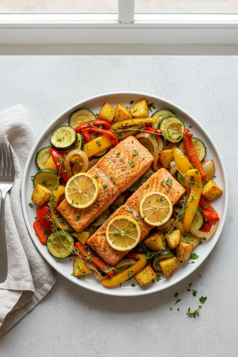 Salmon swap variation, final presentation: roasted salmon fillets nestled among caramelized zucchini, peppers, onions, a