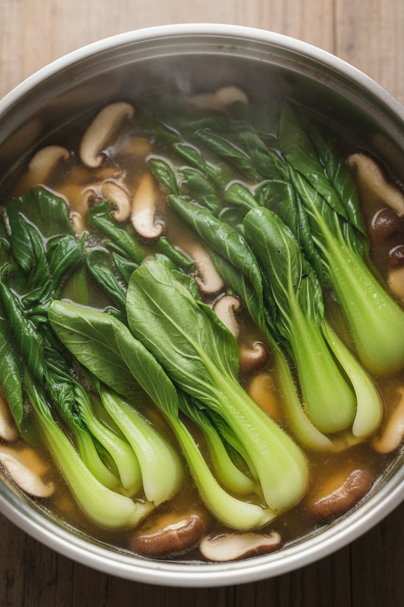 Bok choy blanching in hot broth with mushrooms: vivid green leaves and crisp stems submerged at gentle simmer; in-pot ac