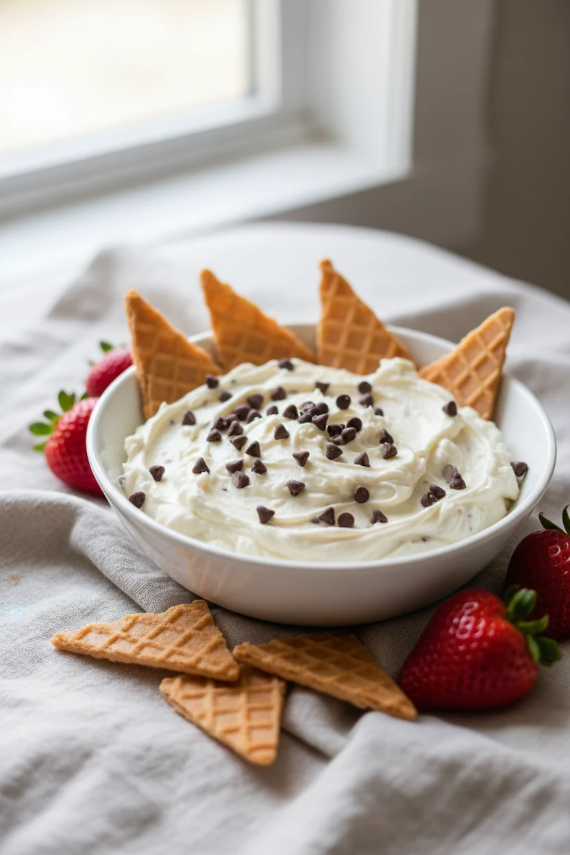 Close-up dessert: Sweet Cannoli Dip, smooth cream cheese–ricotta base topped with mini chocolate chips, served with waff