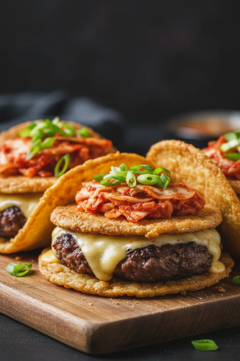 Korean-inspired close-up: smash burger tacos glossed with gochujang glaze, melty cheese beneath, topped with kimchi and 