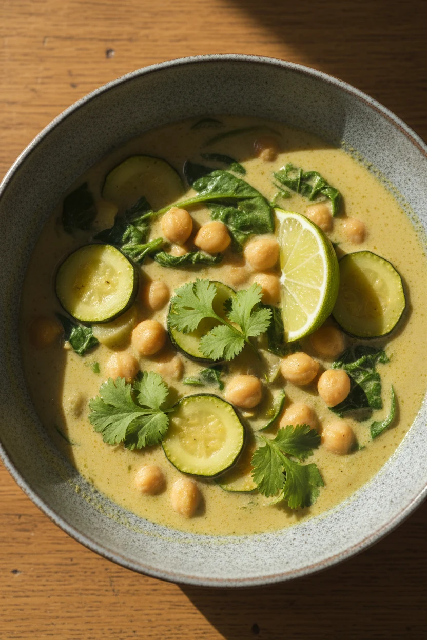 Coconut Curry Chickpea final presentation: overhead of creamy light-coconut broth with chickpeas, zucchini, spinach; bri
