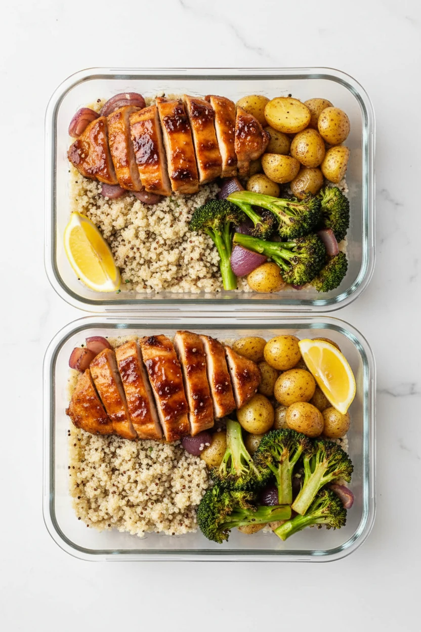 Meal prep overhead: two glass containers packed with sliced glazed chicken thighs, roasted potatoes, broccoli, and red o