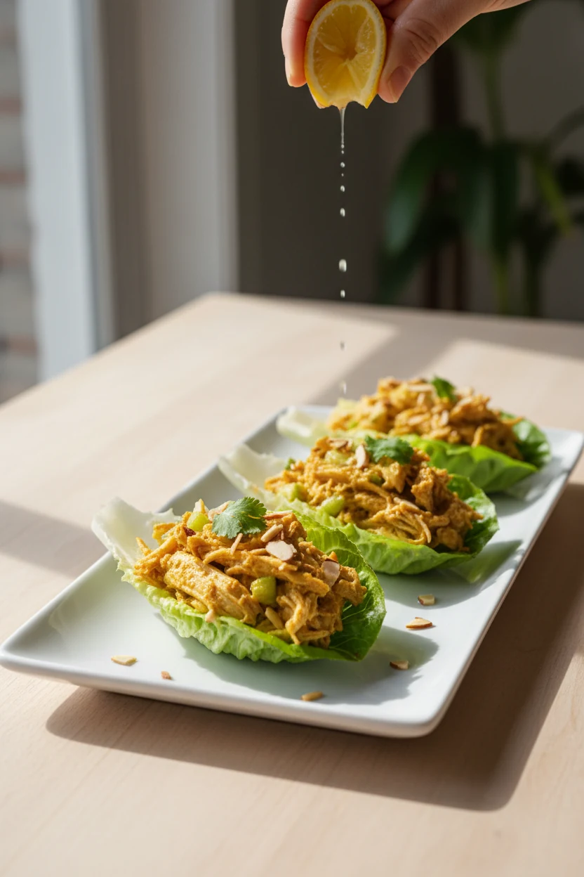 Final presentation: Curried chicken salad lettuce cups—golden curry-speckled chicken, crunchy celery and apple, toasted