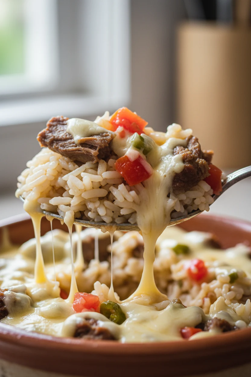 Macro spoonful detail: spoon resting on bowl rim shows fluffy rice, tender beef, juicy tomato–chili bits, and melty chee