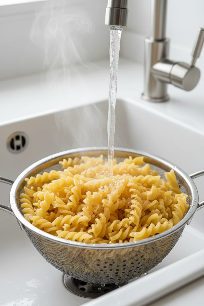 6. Cooking process close-up: just-boiled rotini in a colander under a cold water rinse, droplets clinging to the ridges 