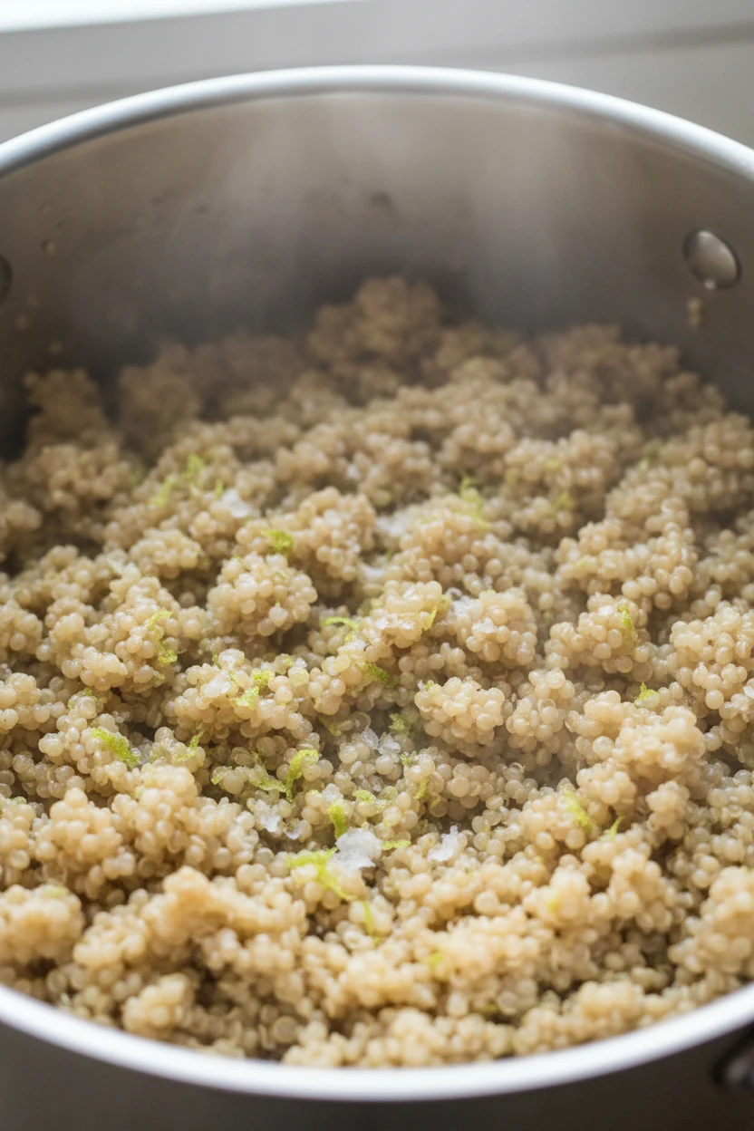 Close-up of freshly fluffed quinoa resting after cooking, separate tender grains with light steam, sprinkled with kosher