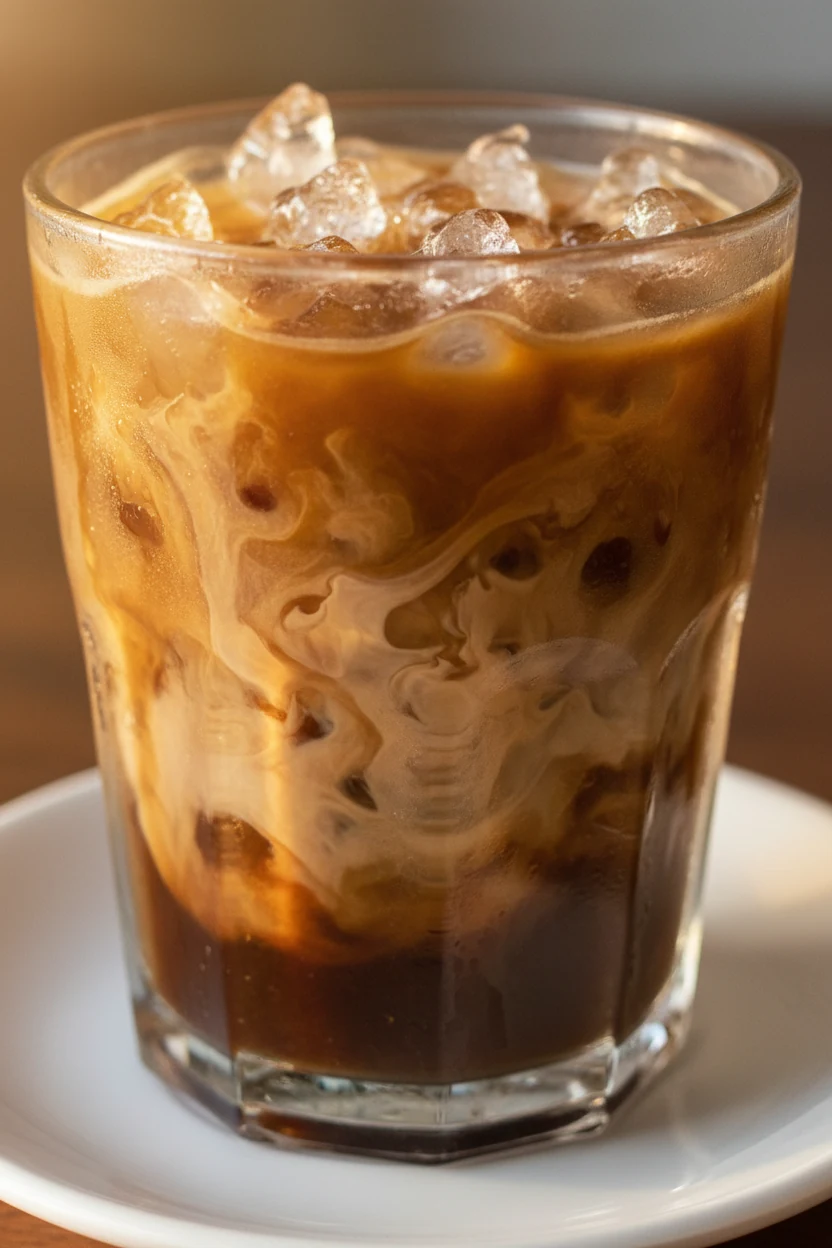 Close-up detail: Vietnamese-style iced coffee (cà phê sữa đá)—ribbon of sweetened condensed milk swirling into strong co
