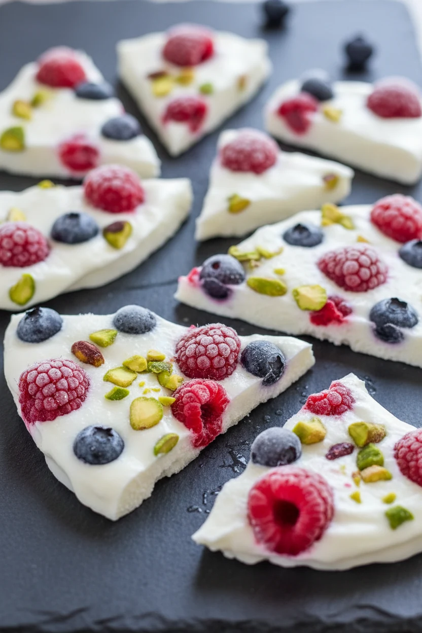 6. Close-up of frozen Greek yogurt fruit bark shards, frosty edges and glossy yogurt, embedded berries and pistachio pie