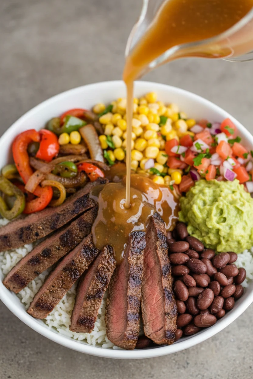 Chipotle-honey vinaigrette being poured from a small glass spout over a steak burrito bowl—sliced seared skirt steak, ri