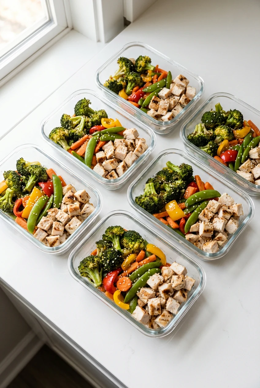 6. Overhead view of meal-prep containers neatly filled with colorful chicken and mixed vegetables, arranged for portion 