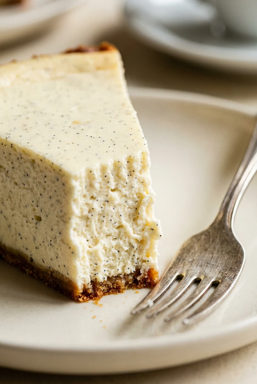 Close-up macro shot of a cheesecake slice with visible vanilla bean speckles in the filling, fork poised beside it, airy
