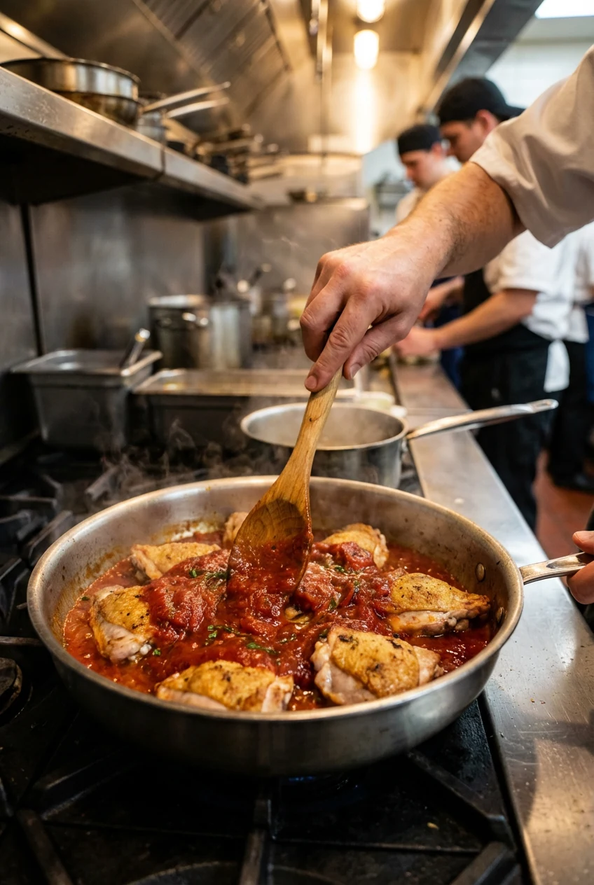 Action shot of cooked tomato base being folded gently into the chicken in a pan, creating a rich saucy texture, deep red