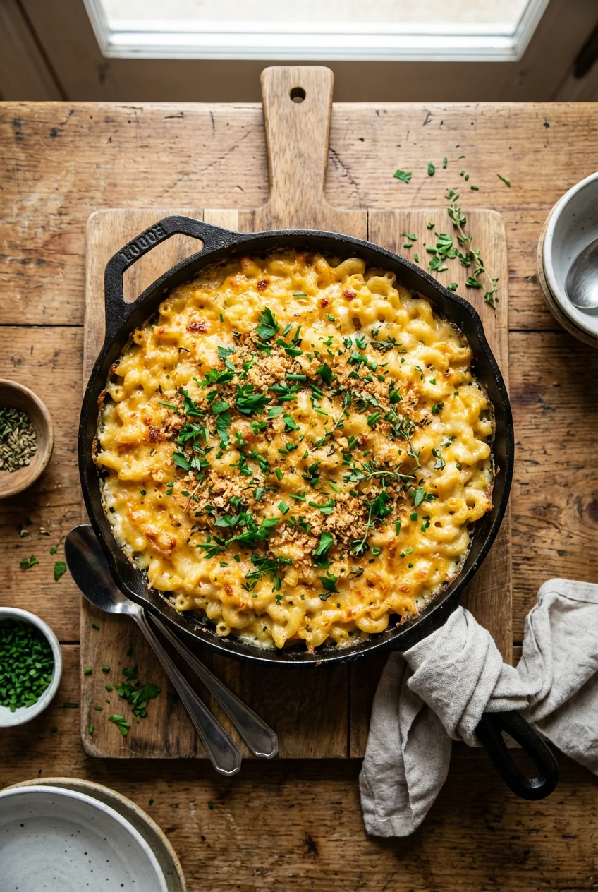 Overhead shot of a family-style cast iron skillet brimming with macaroni and cheese, garnished with herbs and placed on 