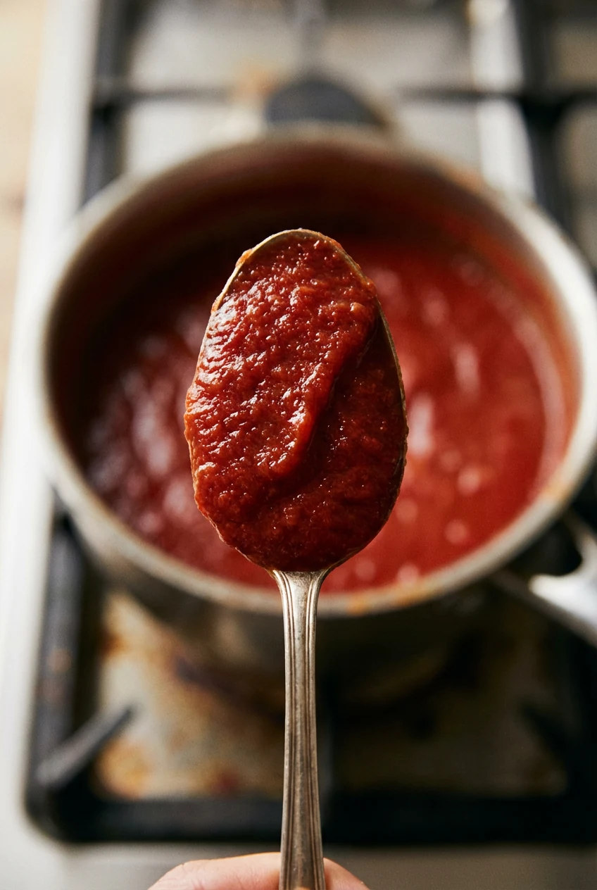 Close-up of thick, velvety tomato sauce clinging to the back of a spoon, capturing rich texture and deep red color, blur
