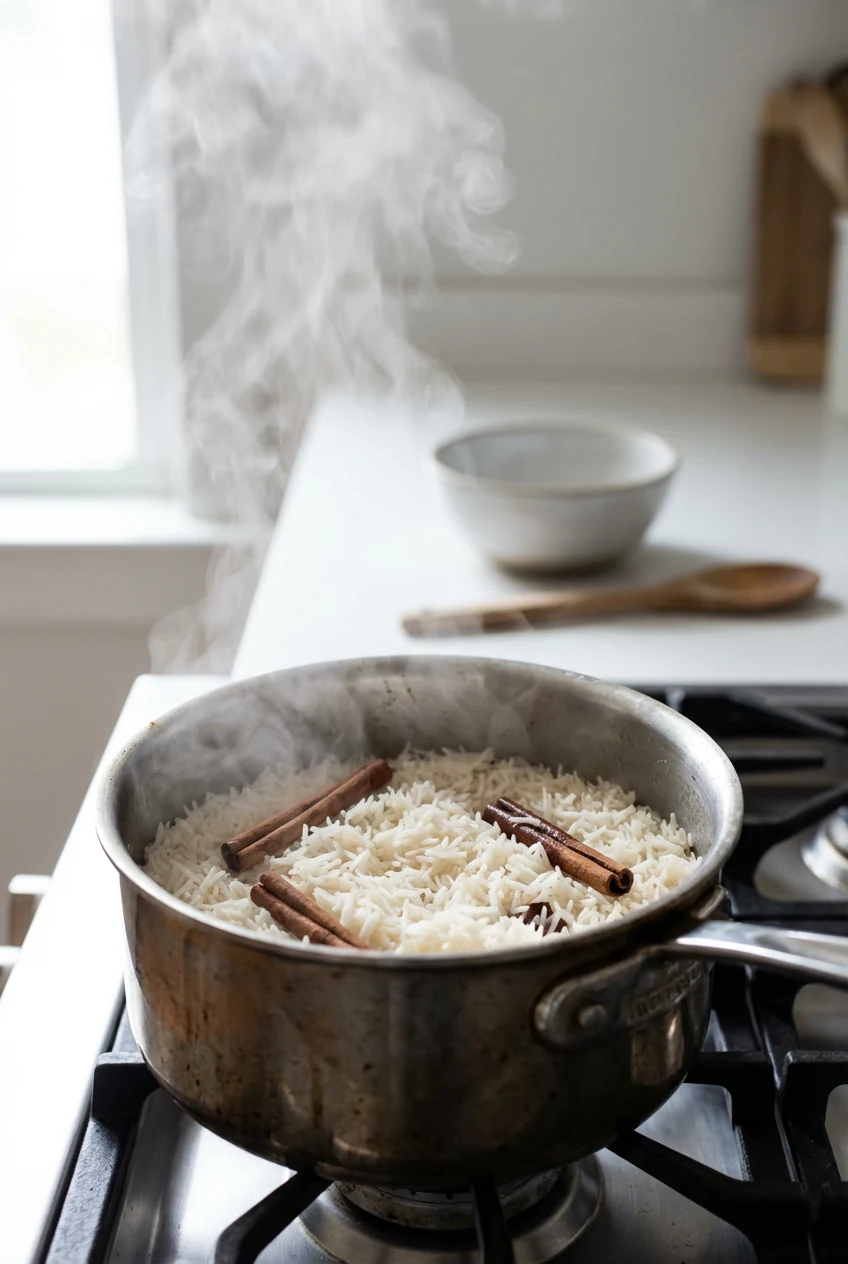 Cooking process shot of basmati rice steaming in a saucepan with cinnamon sticks visible, soft natural light highlightin