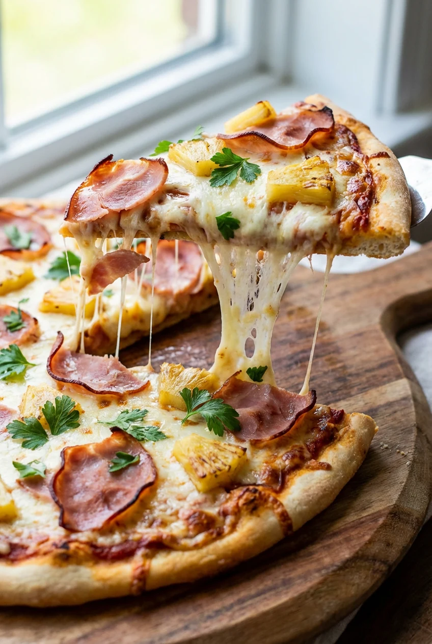 6. Close-up of a freshly baked ham pizza, featuring thin slices of ham, bubbling mozzarella, lightly caramelized pineapp