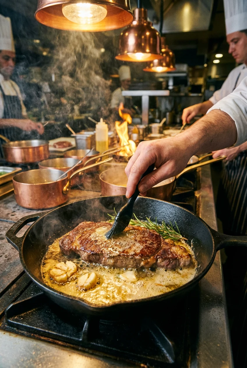 6. Cooking process shot of butter basting sirloin in a skillet, golden melted butter pooling at the bottom with smashed 