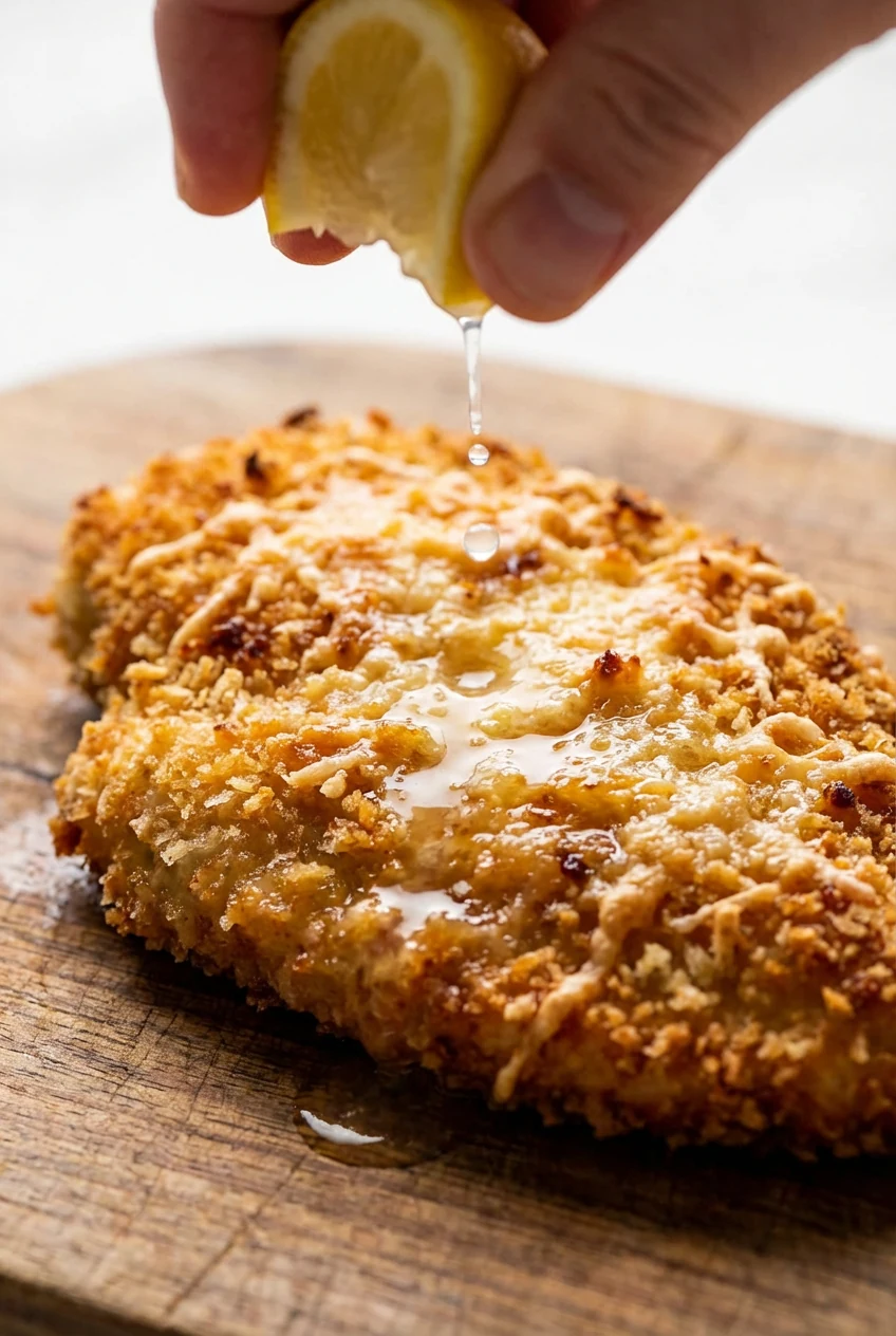 Close-up detail of cutlet coating – panko crumbs and melted Parmesan forming a crunchy, textured surface – with a squeez