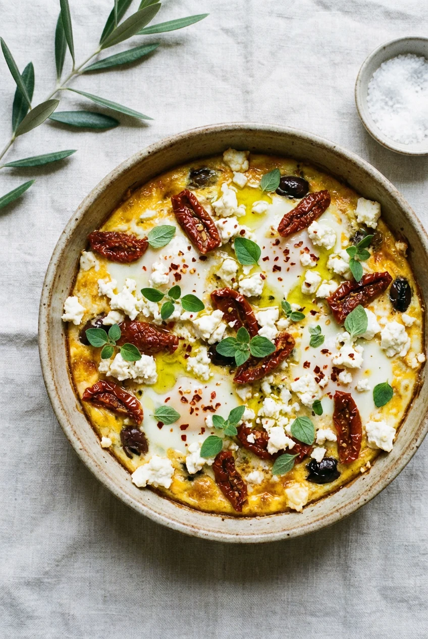 6. Overhead shot of a Mediterranean-style variation baked in a round dish, topped with crumbled feta, sun-dried tomatoes