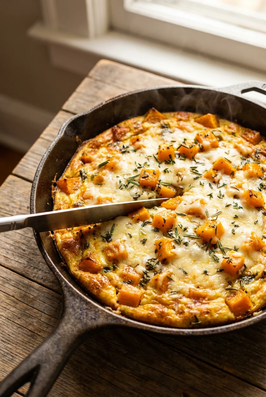 6. Close-up angle of a cooling frittata still in its skillet, knife just making the first slice, cheese slightly melted 