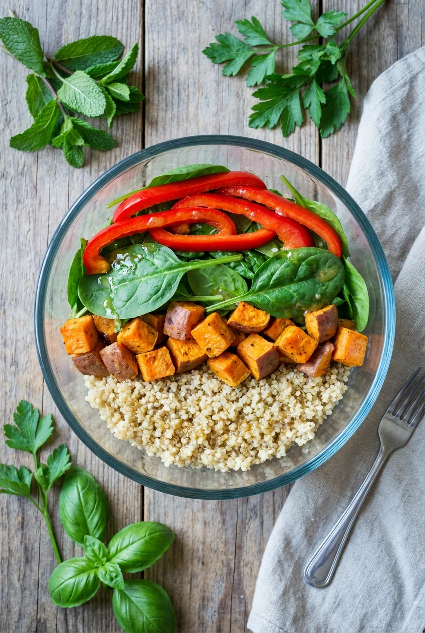 Top-down view of a chilled version of the salad in a clear glass bowl, highlighting the layered textures of quinoa, swee