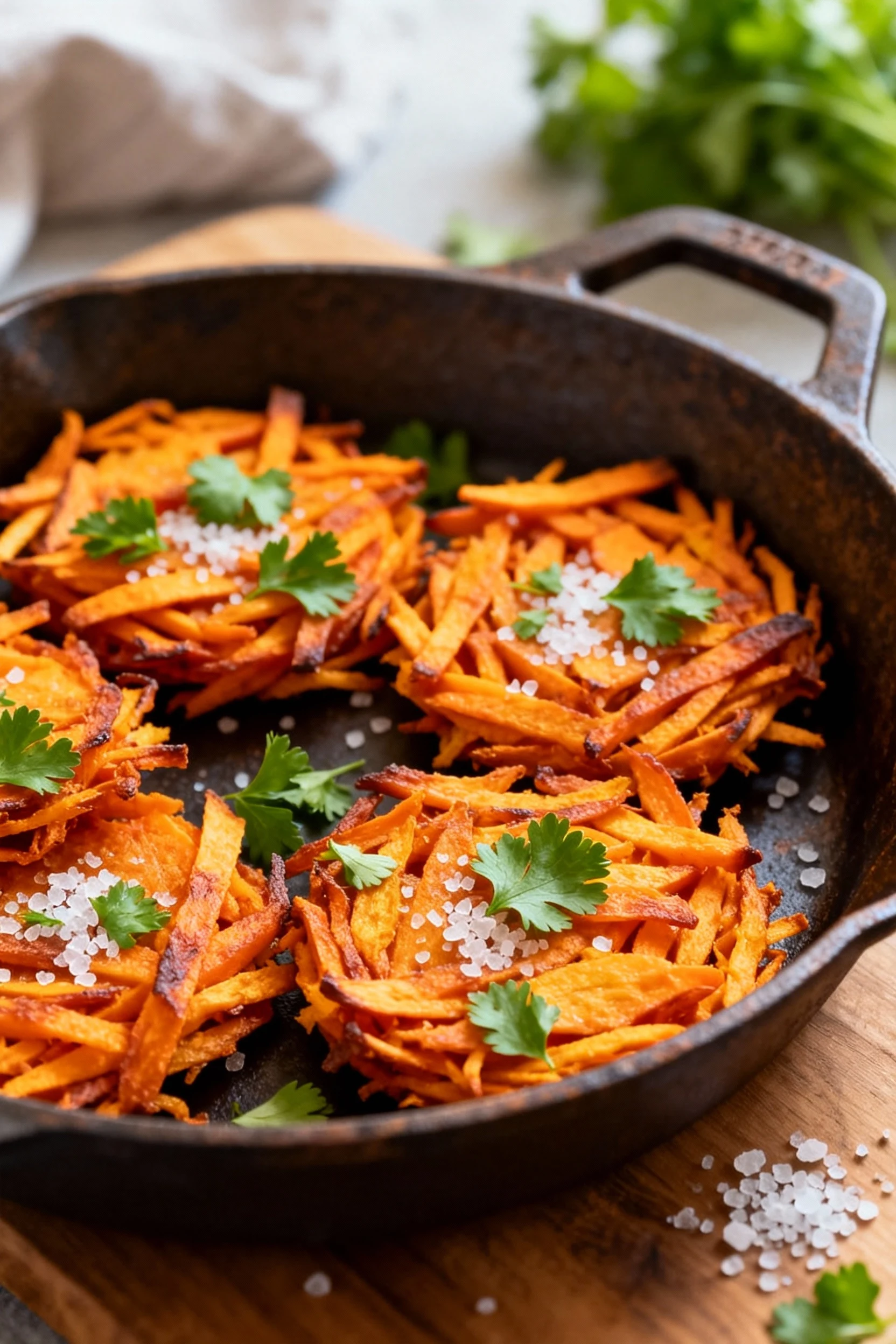 Overhead shot of sweet potato hashbrowns with a deep orange hue, garnished with fresh parsley and a light dusting of sea