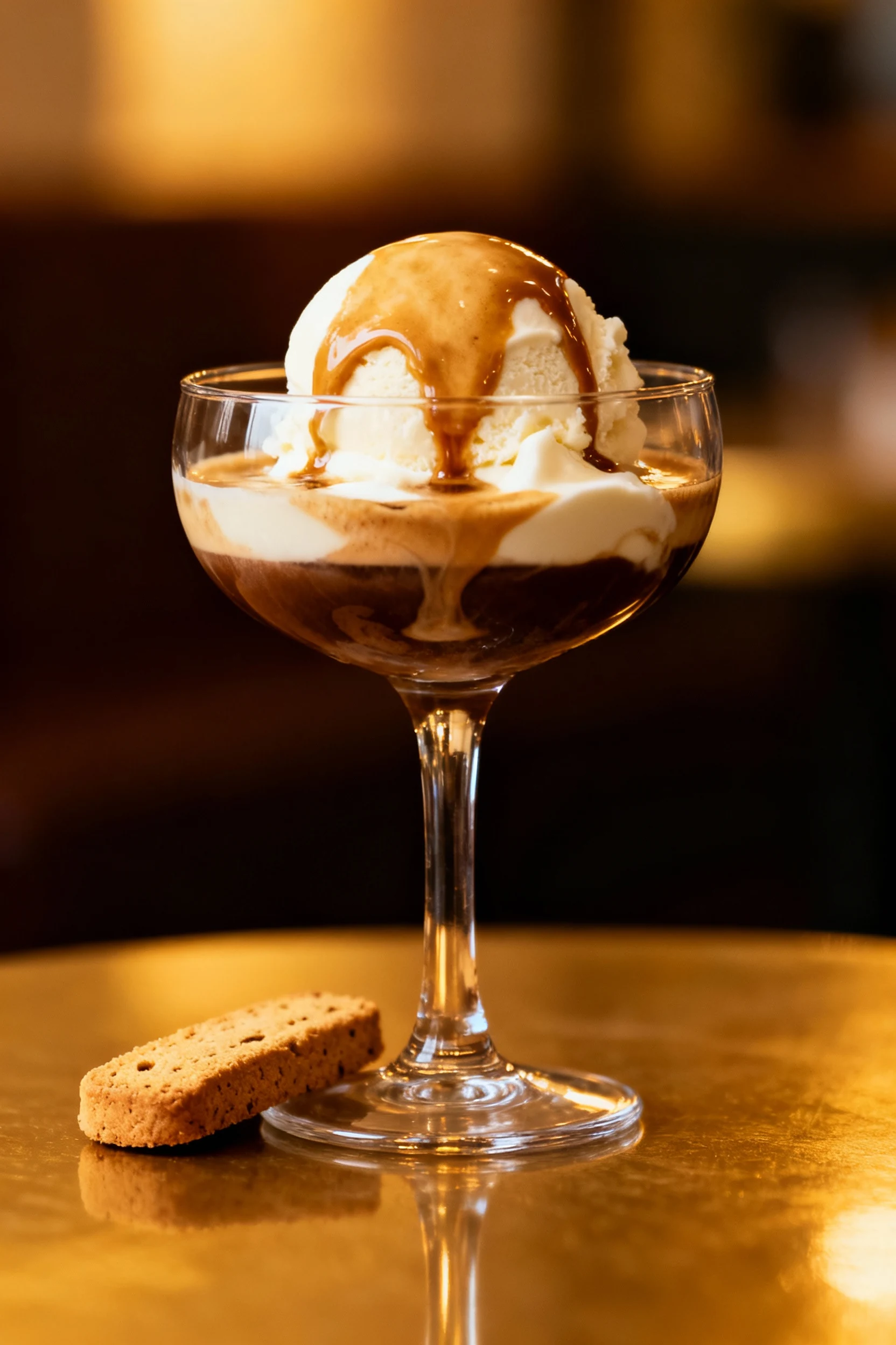 6. Final plated dessert-style affogato in a clear coupe glass, espresso gently pooling over melting vanilla ice cream, s