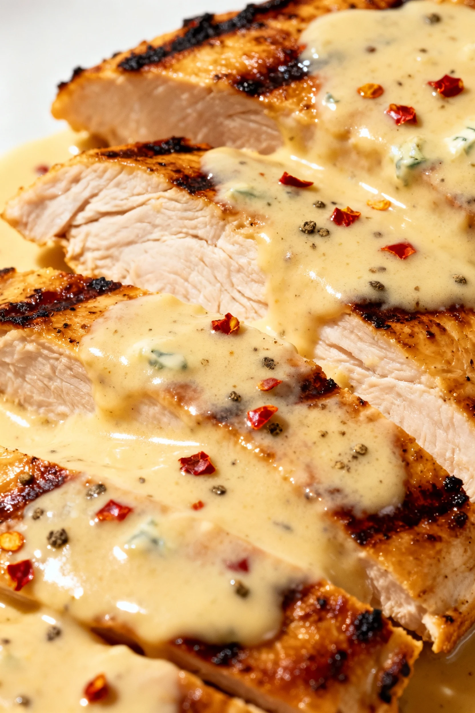 Close-up detail of grilled chicken slices coated in Boursin-infused cream sauce, tiny chili flakes and freshly ground pe