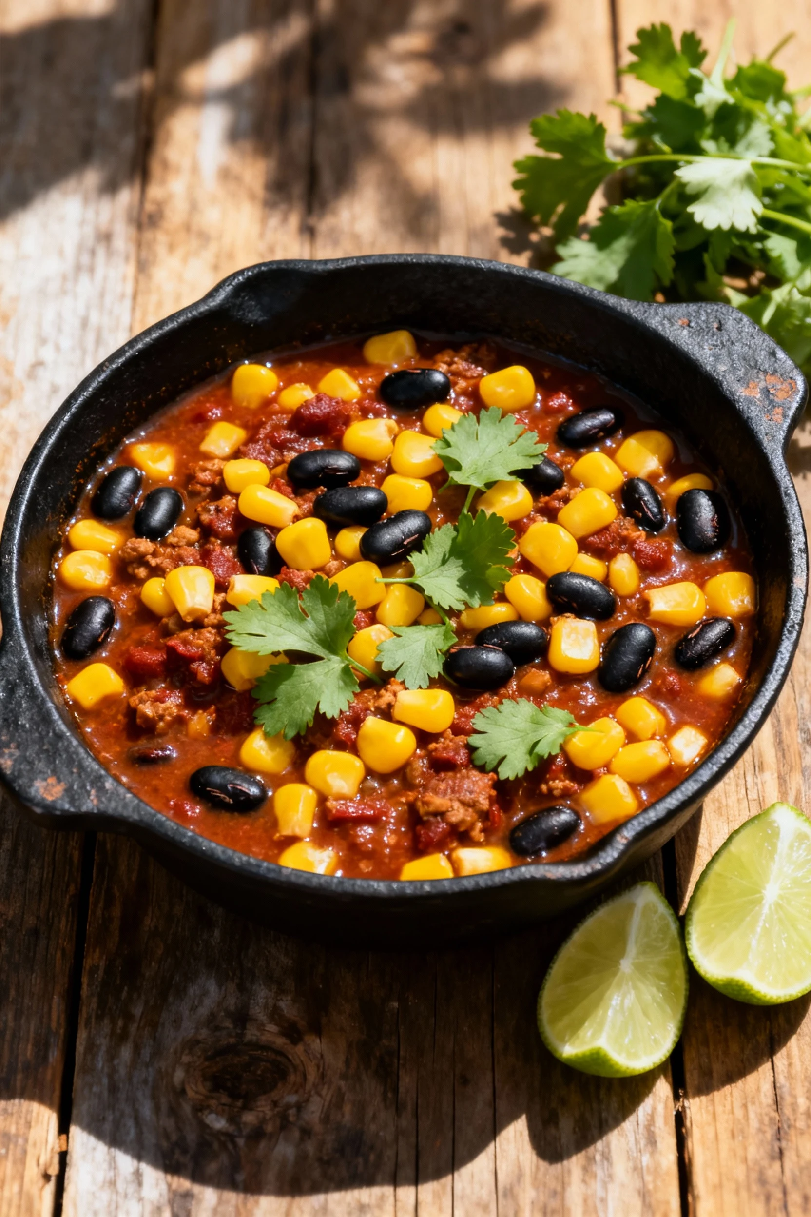 Tex-Mex slow cooker stew in rustic black serving bowl, vibrant pops of yellow corn and black beans in chili-rich broth, 