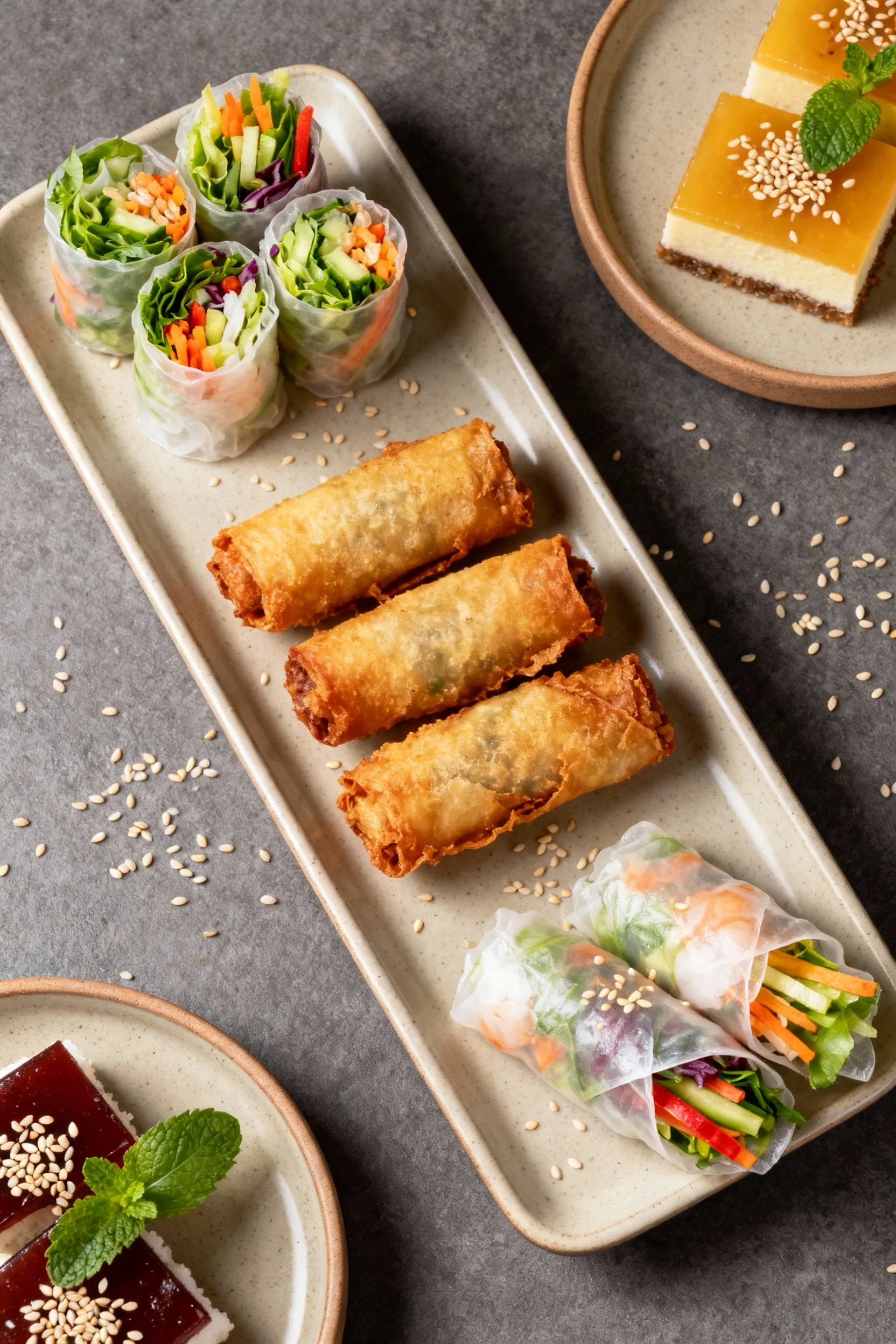 Top-down view of assorted rice paper creations — fresh rolls, fried rolls, and dessert wraps — separated on a long recta